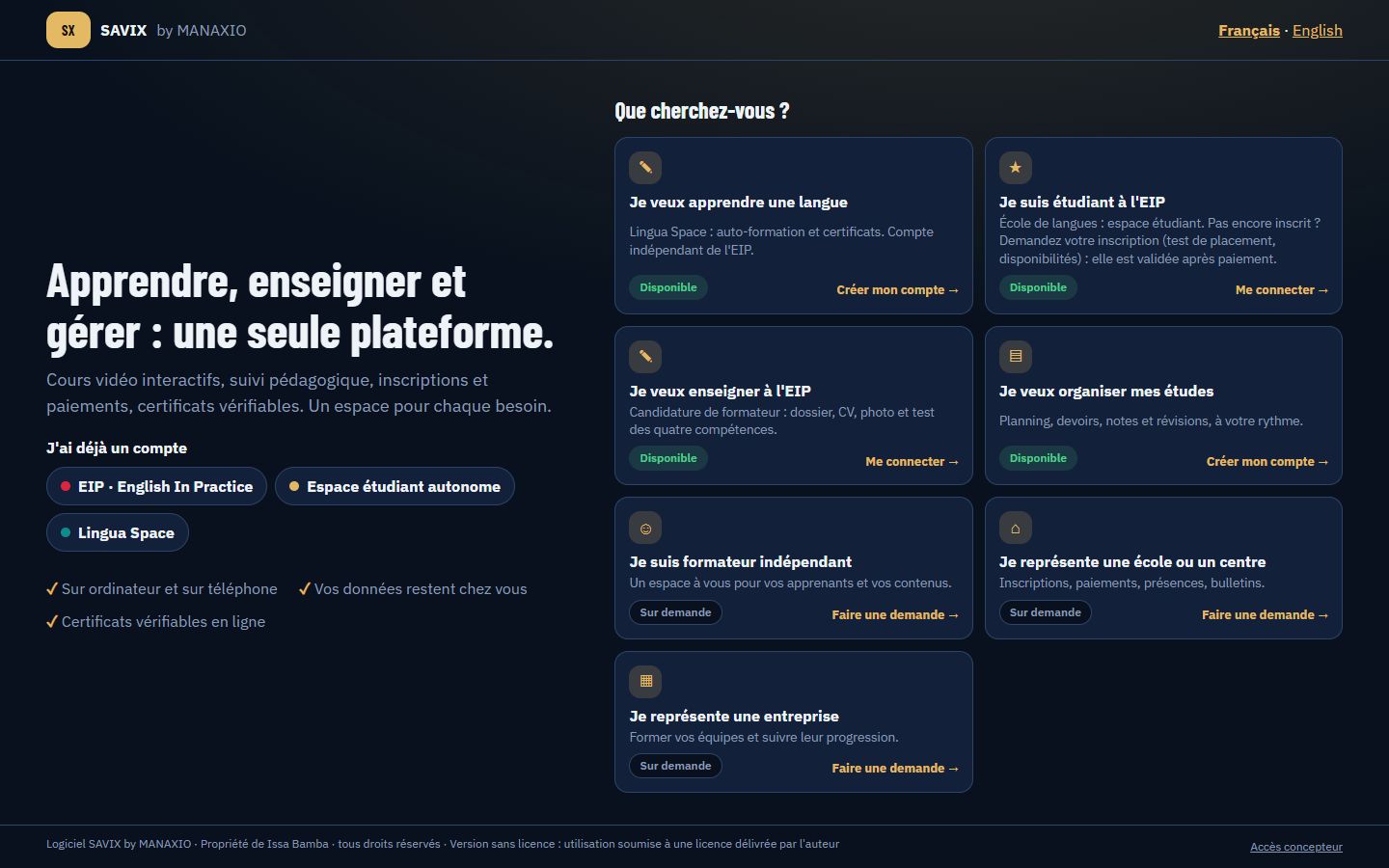 Page d'accueil de SAVIX : apprendre une langue, étudier à l'EIP, enseigner, organiser ses études.