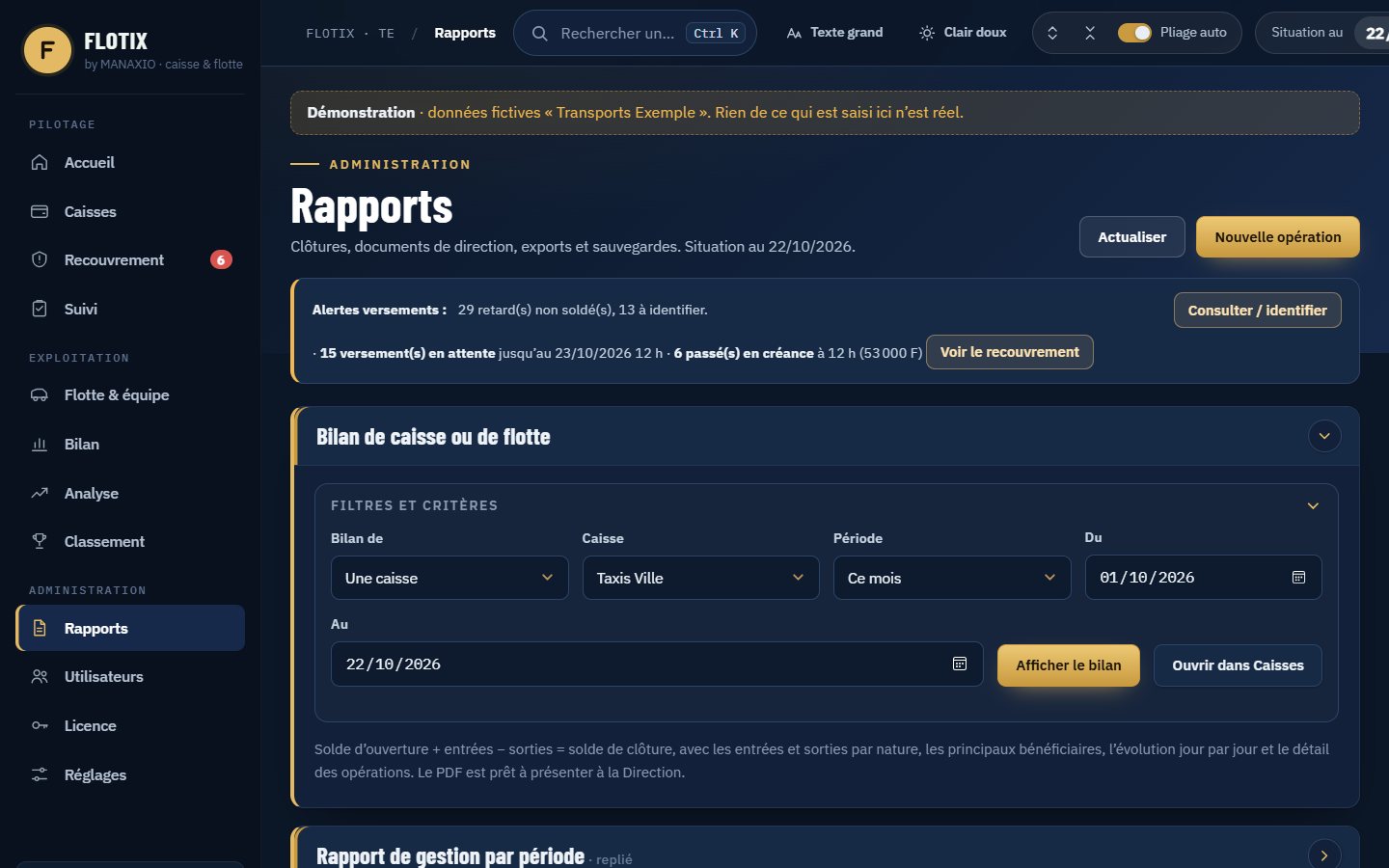 Écran Rapports : bilan de caisse, pack Direction, exports et sauvegardes.