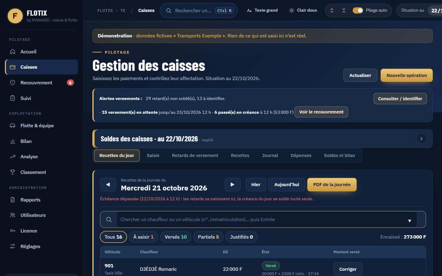 Écran Recettes du jour : liste des véhicules avec le montant dû, l’état Versé ou Partiel et le montant encaissé.